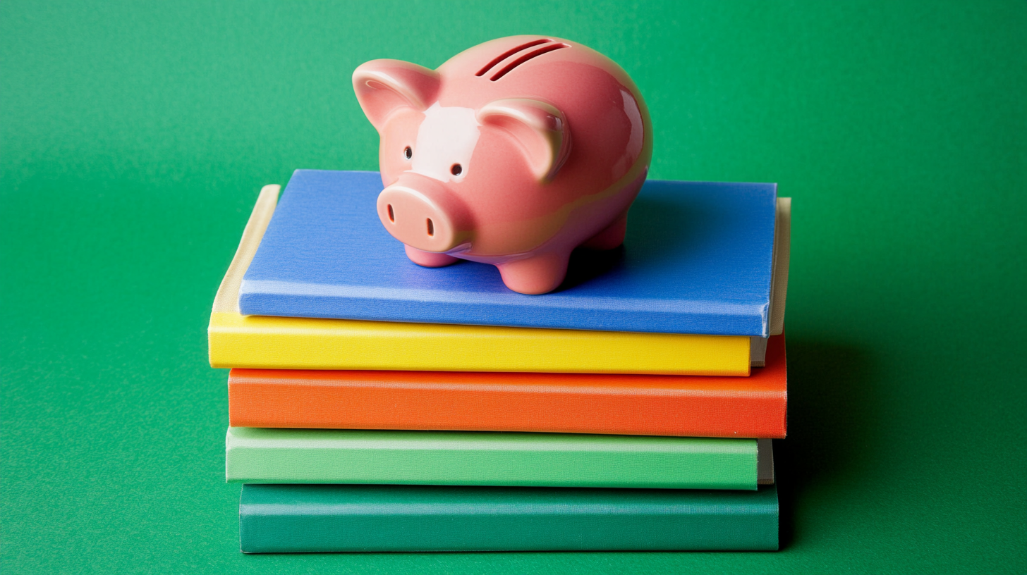 Pink piggy bank on books for education importance.