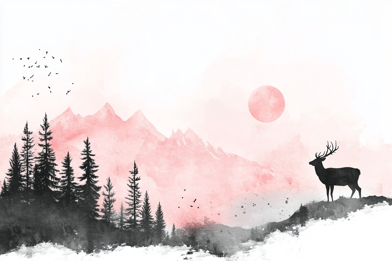 Pink sky, tall trees, mountains with deer on hill.