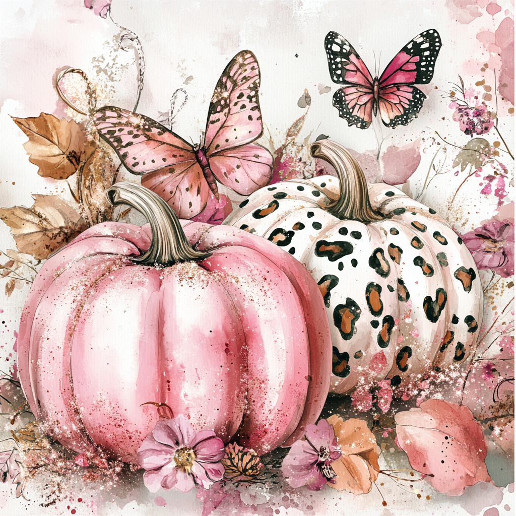 Pink sparkly pumpkins with leopard and cream patterns surrounded by pink butterflies, autumn colors and glitter on white background.