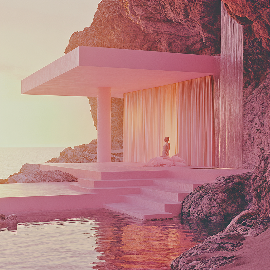 Pink toned futuristic Kaufmann House reimagined in lunar setting.