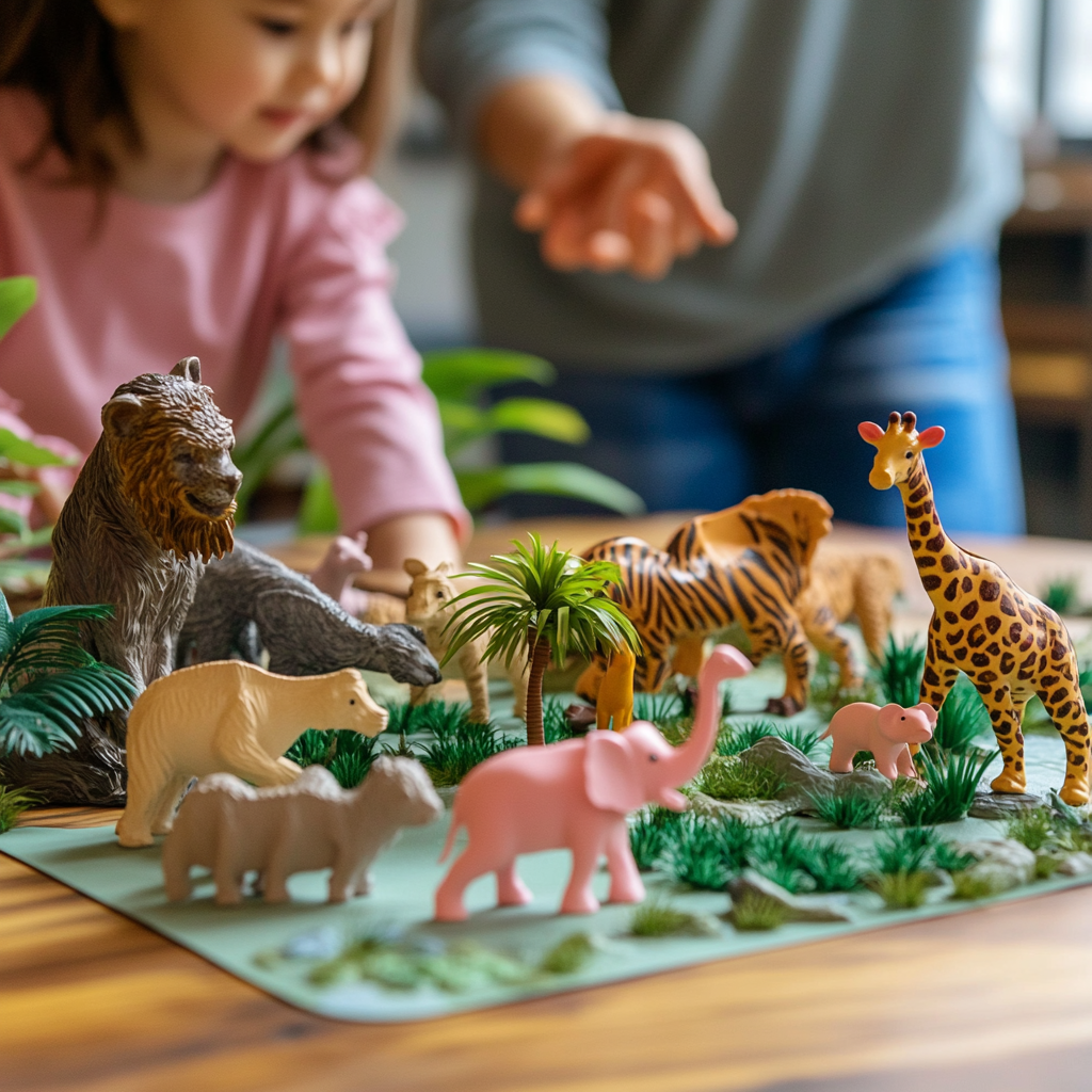 Pink toy animals and jungle scene for playtime.