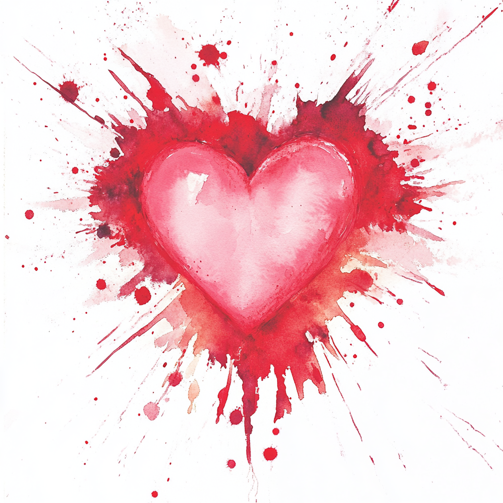 Pink watercolor heart with red paint splatter illustration.