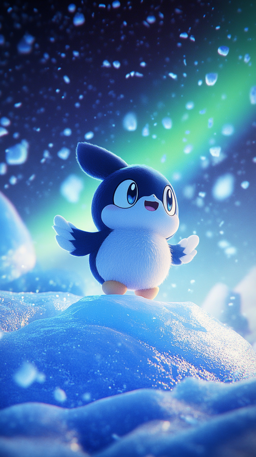 Piplup Pokemon on iceberg, gazing at northern lights.