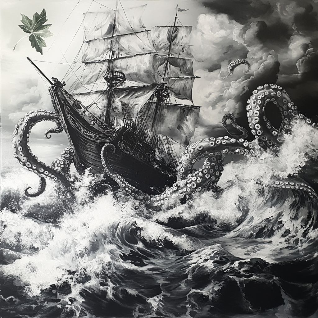 Pirate Ship Battles Octopus in Stormy Seas