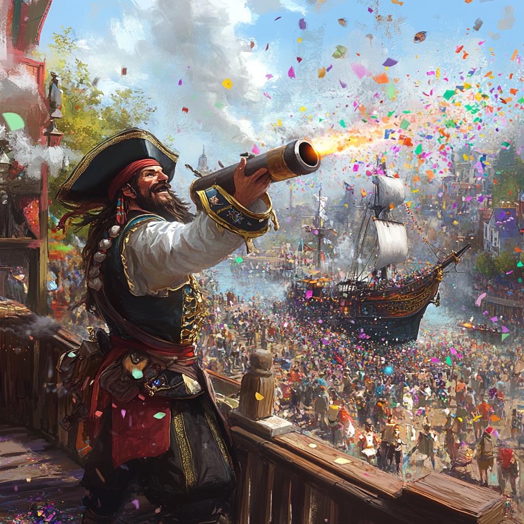 Pirate Ship Enters Amusement Park with Confetti