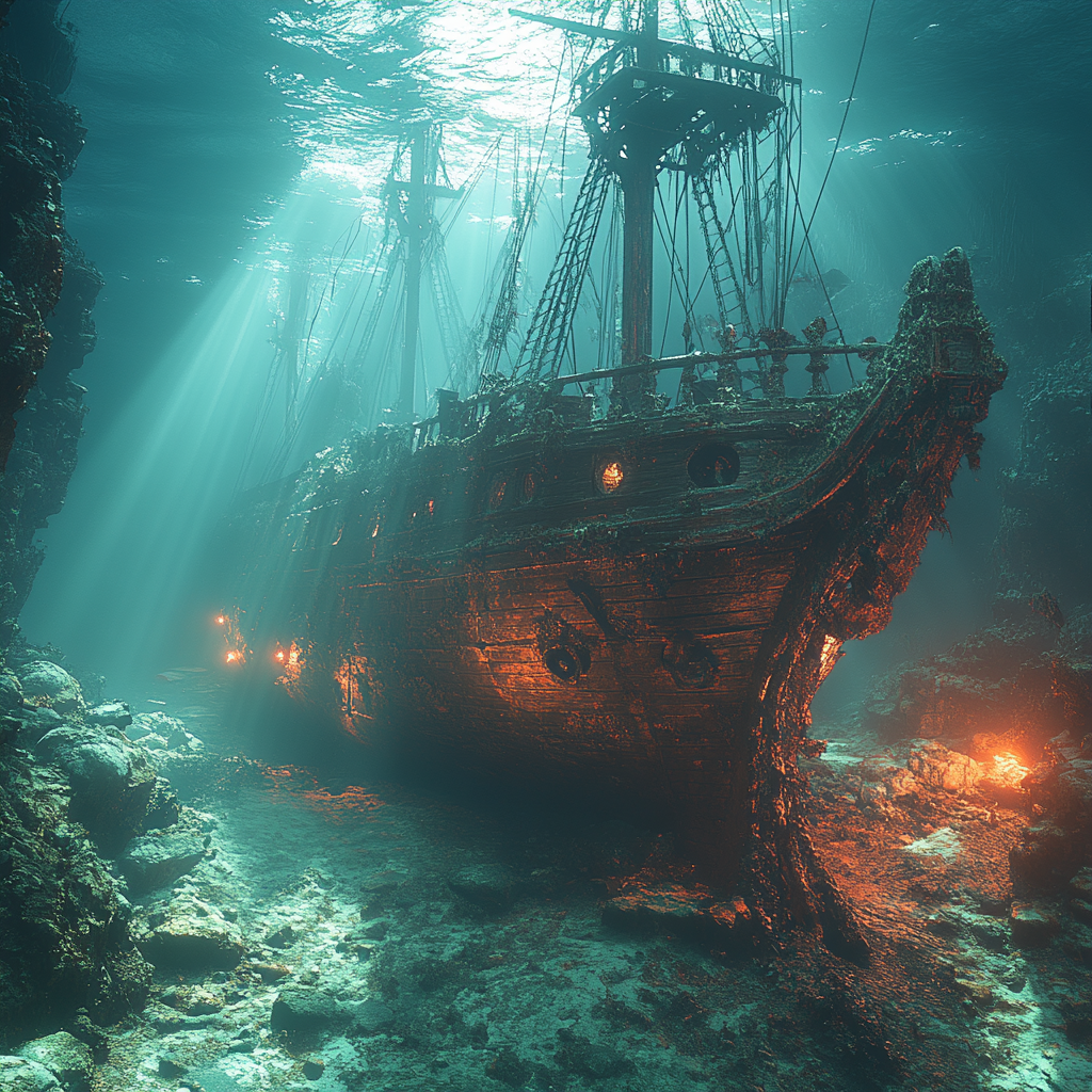 Pirate Shipwreck Under Ocean: Detailed, Cinematic Photography