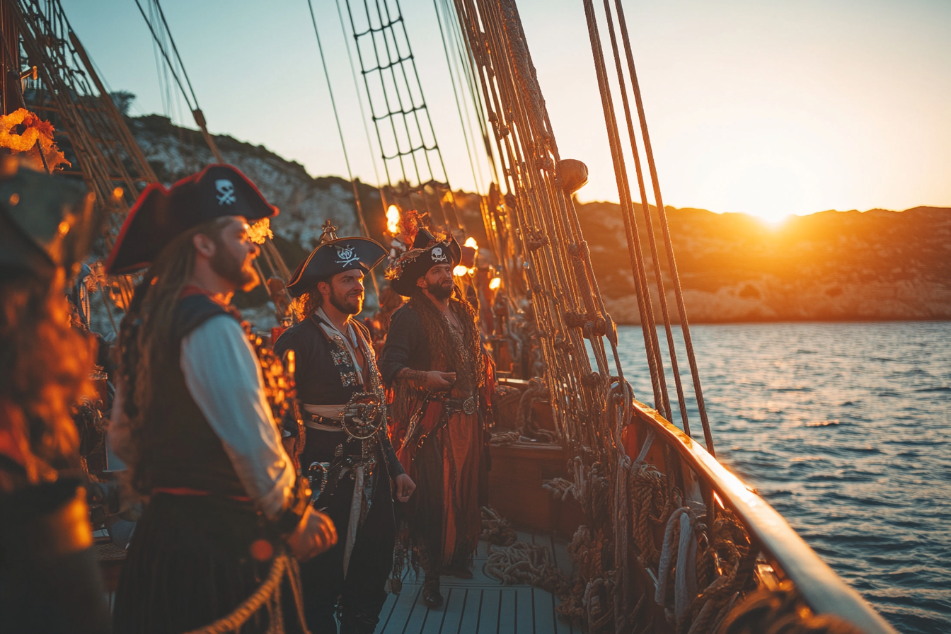 Pirate actors on yacht, Aegean Sea, sunset glow.