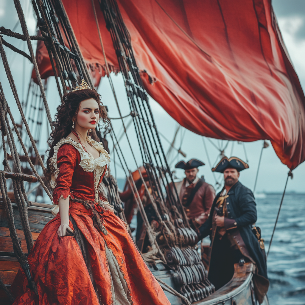 Pirate captain and stylish lady on sailing ship scene