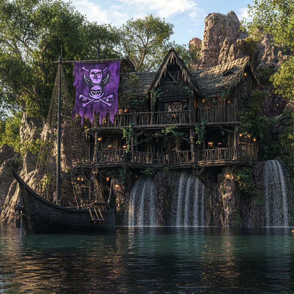 Pirate house with purple and black flag. Pirate ship.