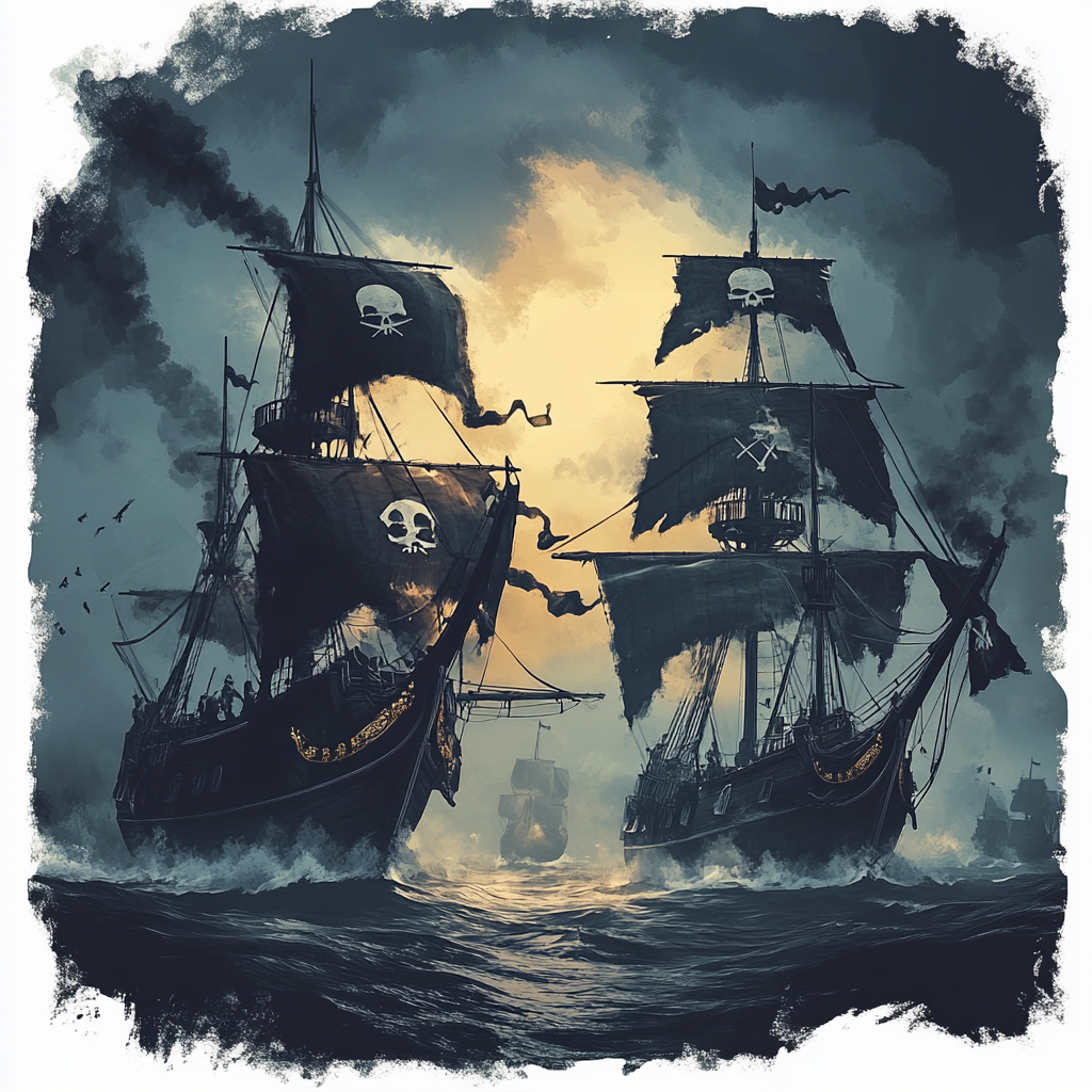 Pirate ships battle with visible flags in retro design.