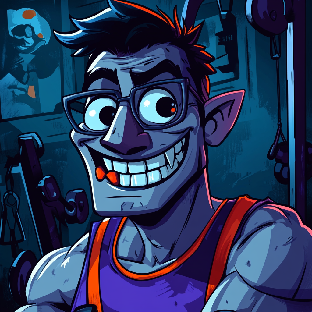 Pixar cartoon style with smiling 25-year-old vampire, gym setting, vibrant tones.