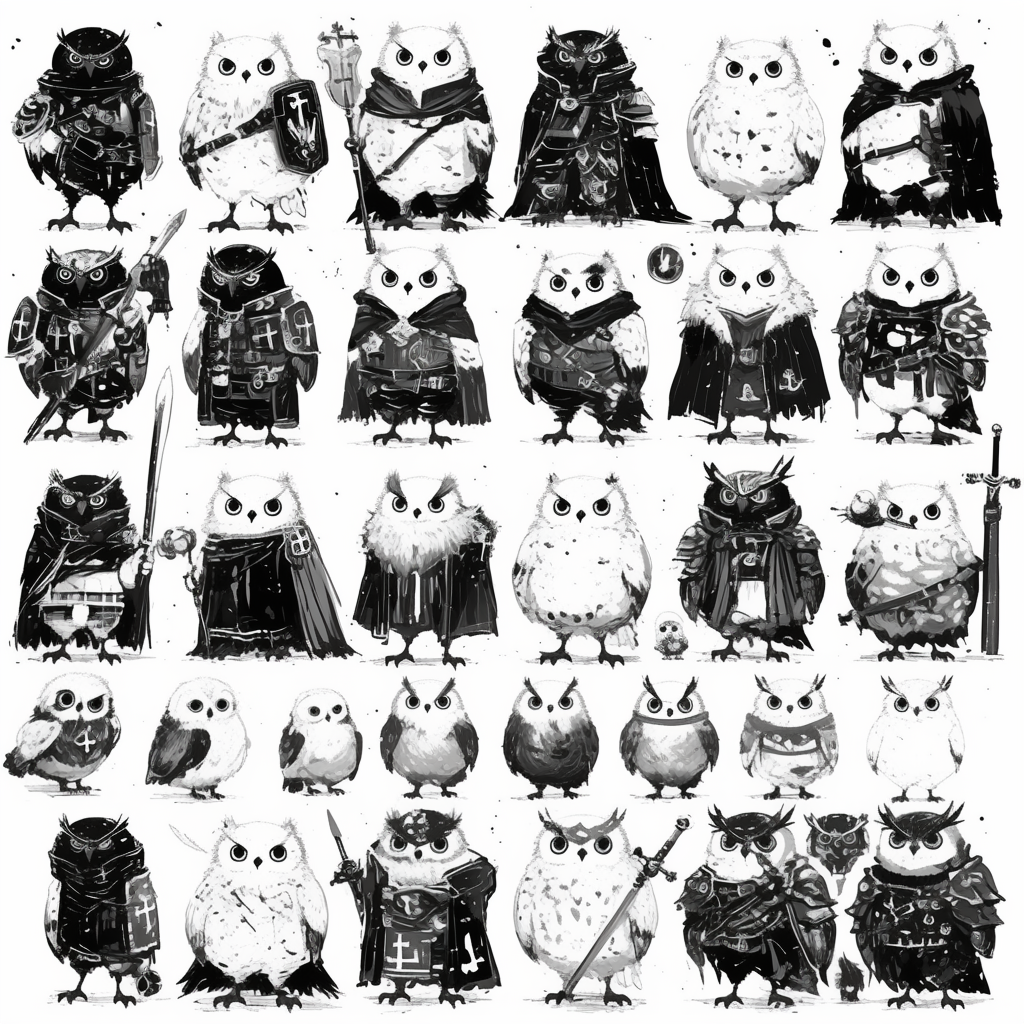 Pixel art owls and knights on white paper.