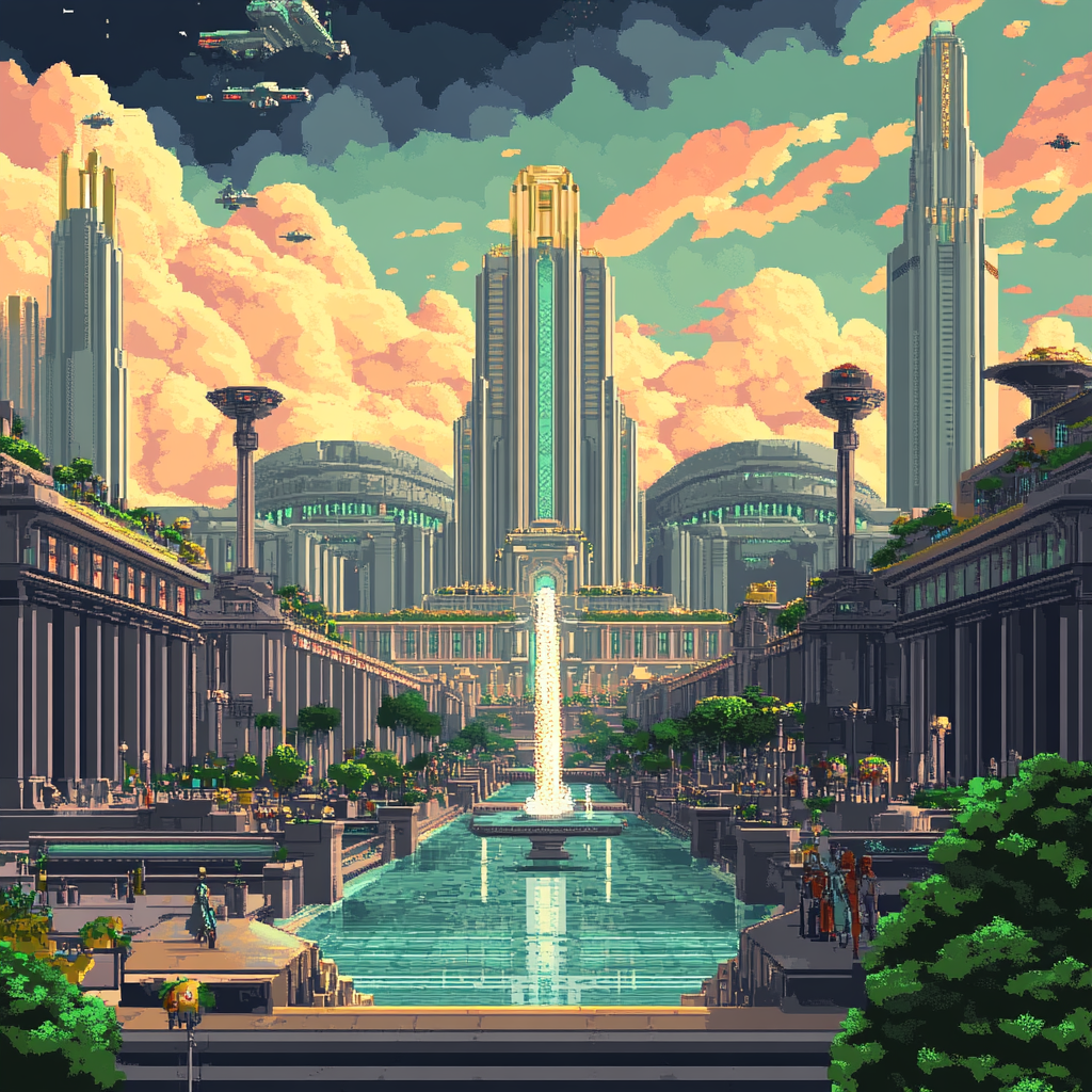 Pixelated Capitol in Nintendo DS style: futuristic, vibrant, luxurious.