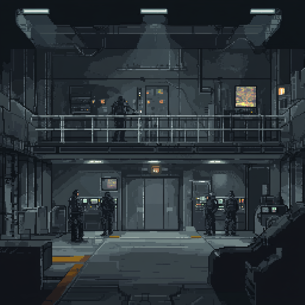 Pixelated Nintendo DS art of District 13 underground rebellion HQ.