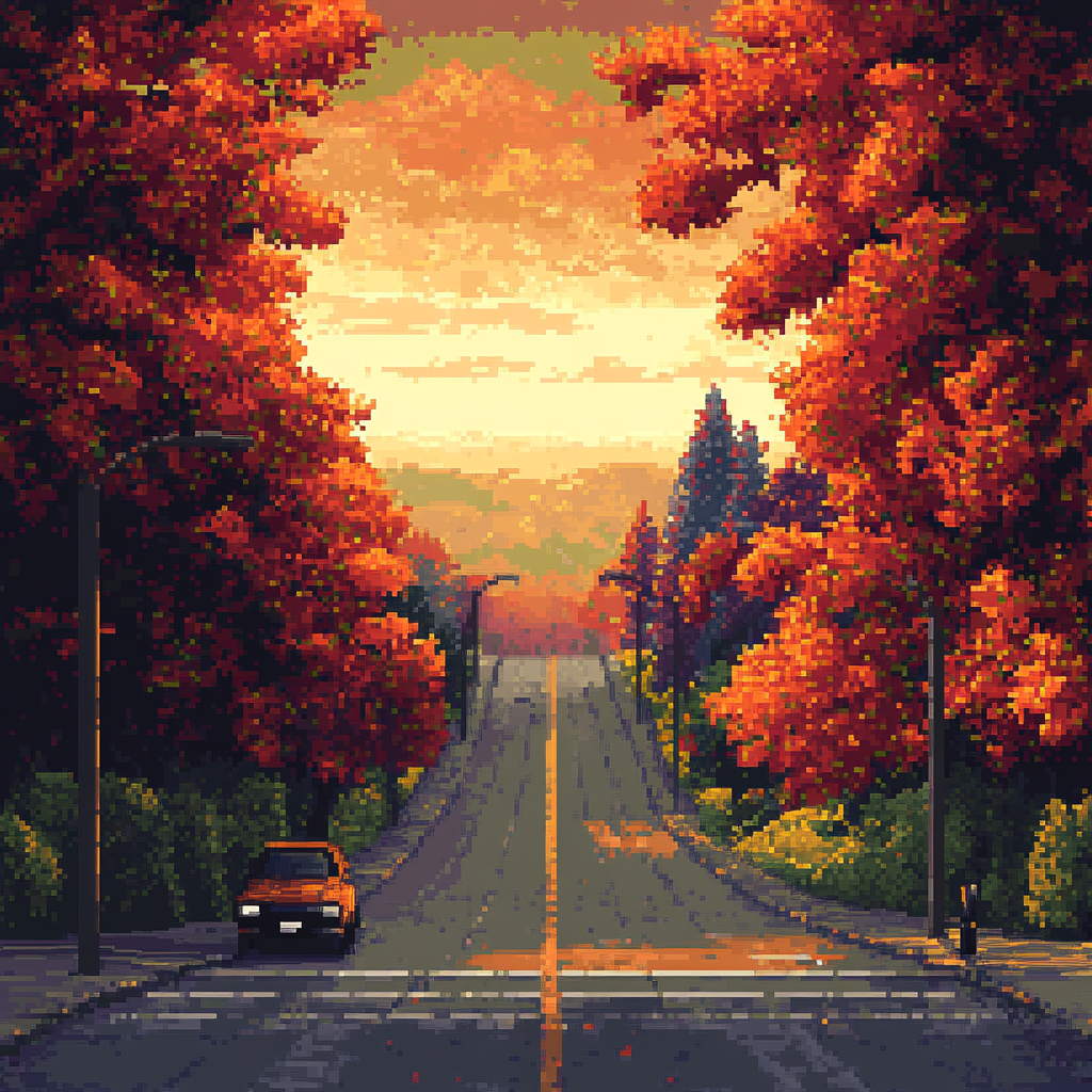 Pixelated sunset view down road with fall trees