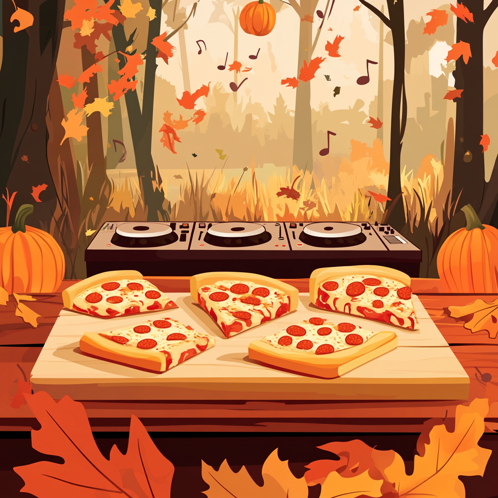 Pizza party in fall with DJ, pumpkins