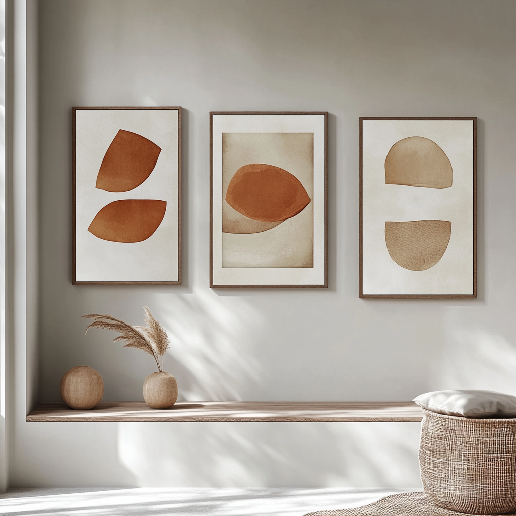 Plain white wall with minimalist modern design, boho-style framed art prints in neutral tones.