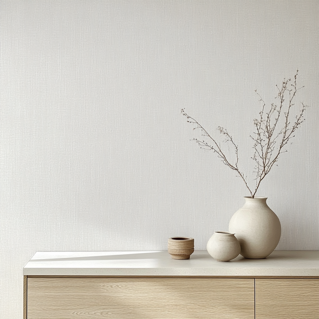 Plain white wallpaper, smooth surface, minimalist atmosphere. Modern cupboard.