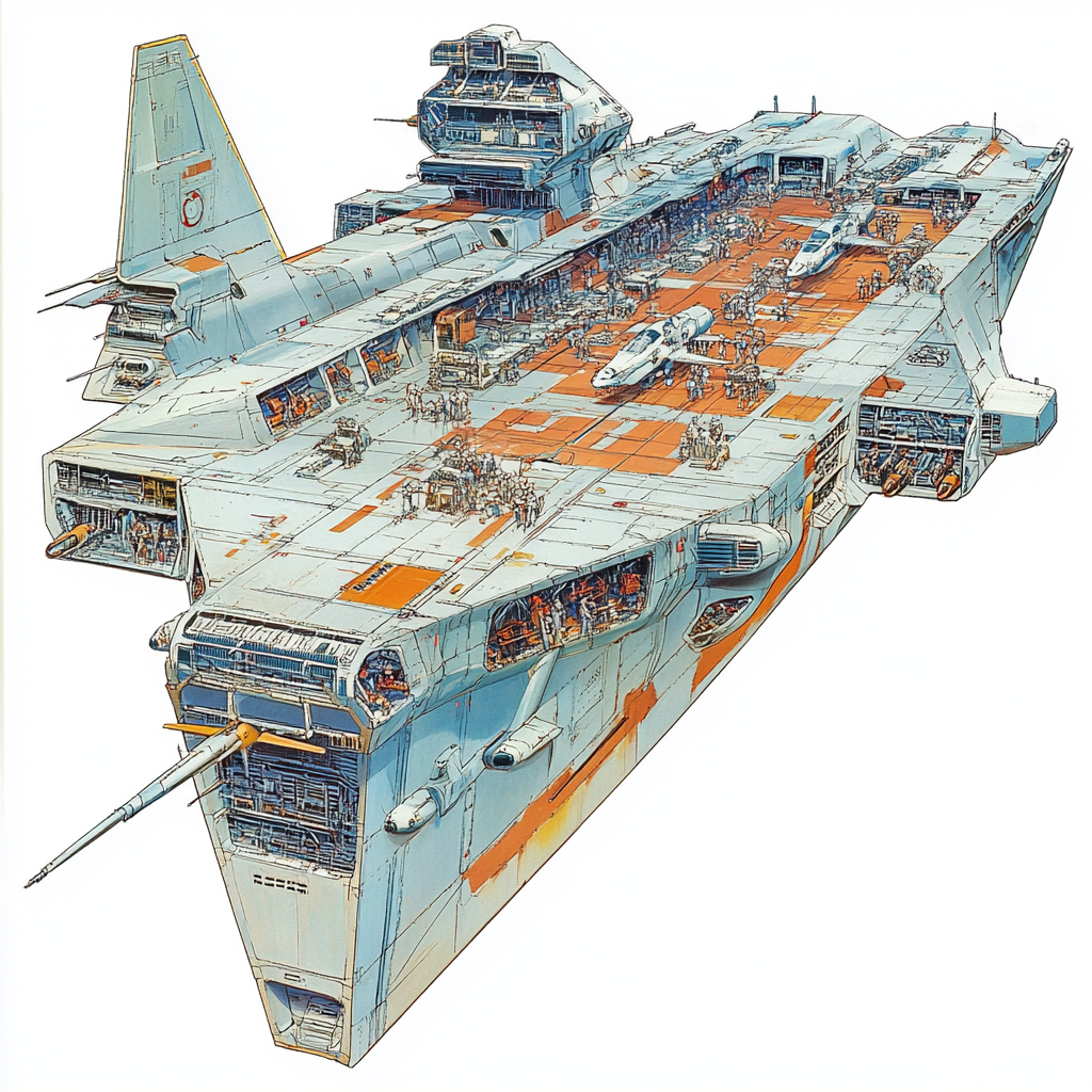 Plan for futuristic carrier with retro star fighters and people.