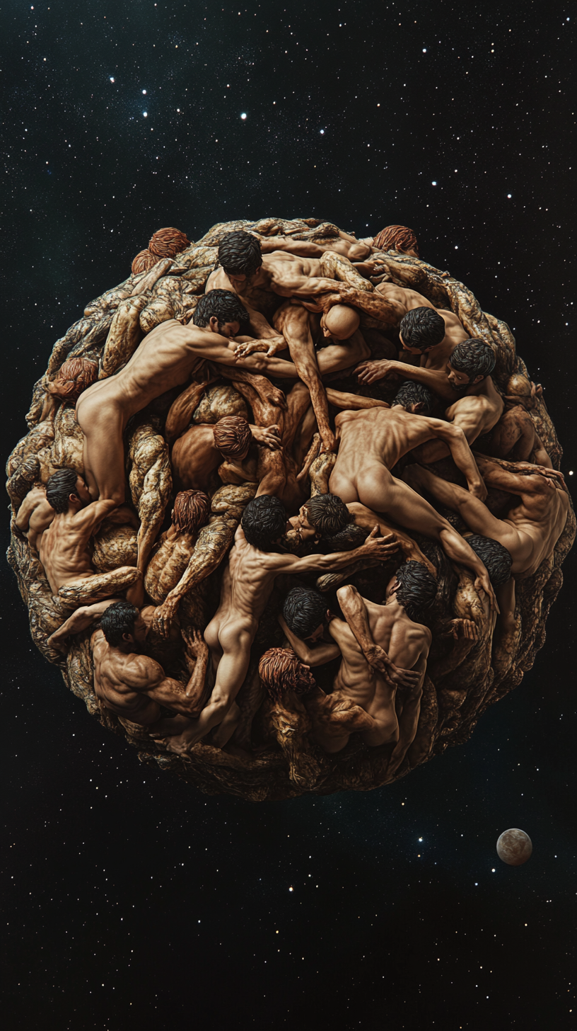 Planet made of intertwined human bodies, symbolizing unity.