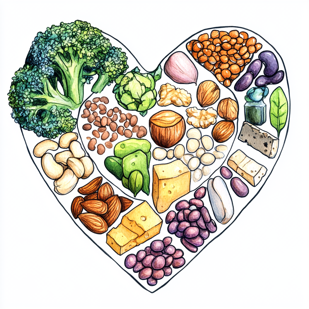 Plant-based protein sources in heart-shaped illustration.