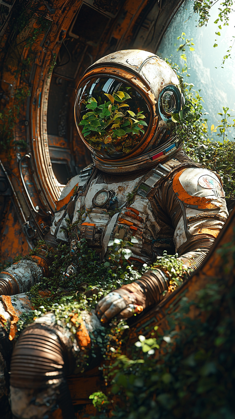 Plant in space suit by window in spaceship.