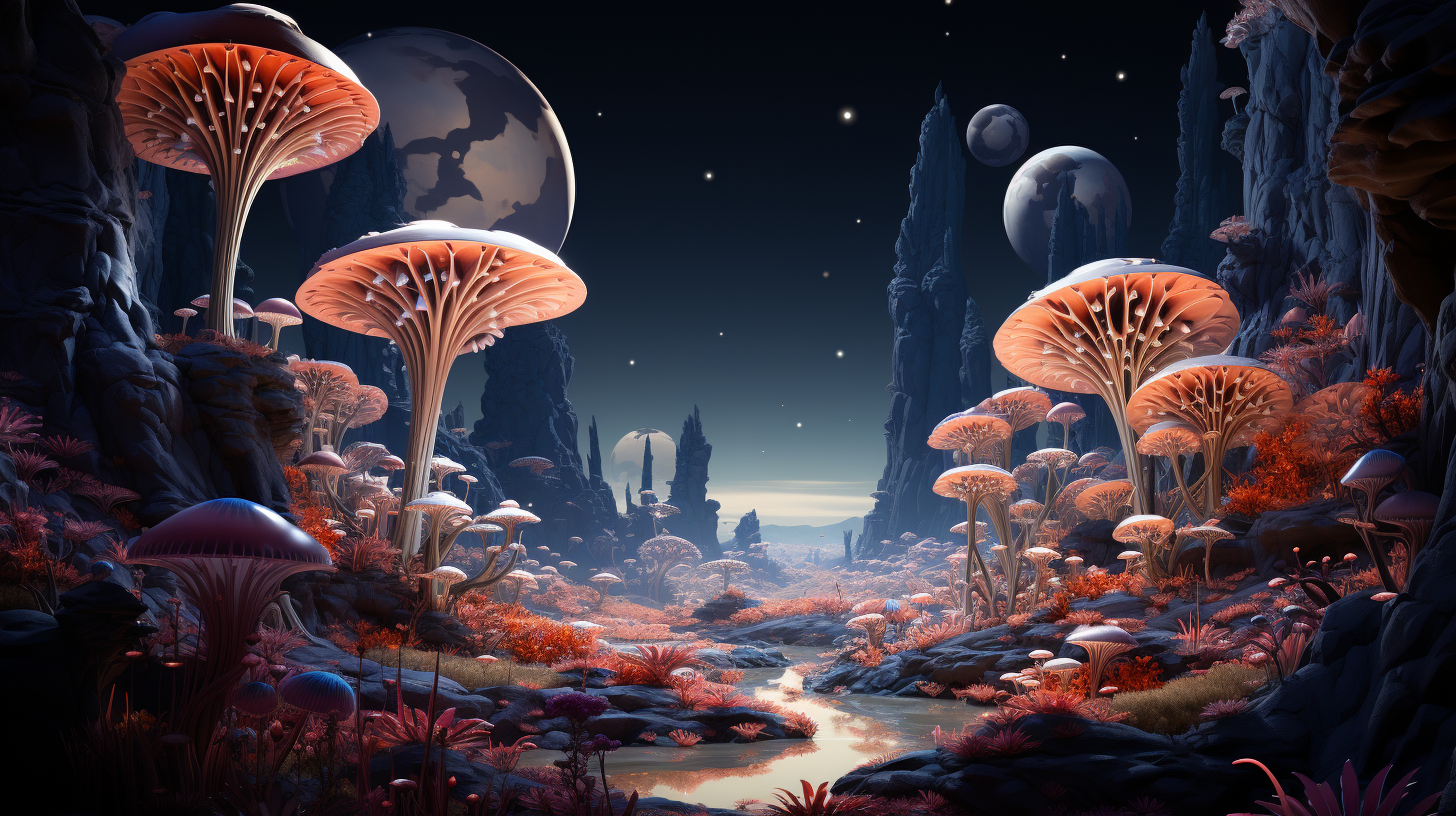 Plants, mushrooms, rocks in futuristic spacescape, aquamarine, indigo.