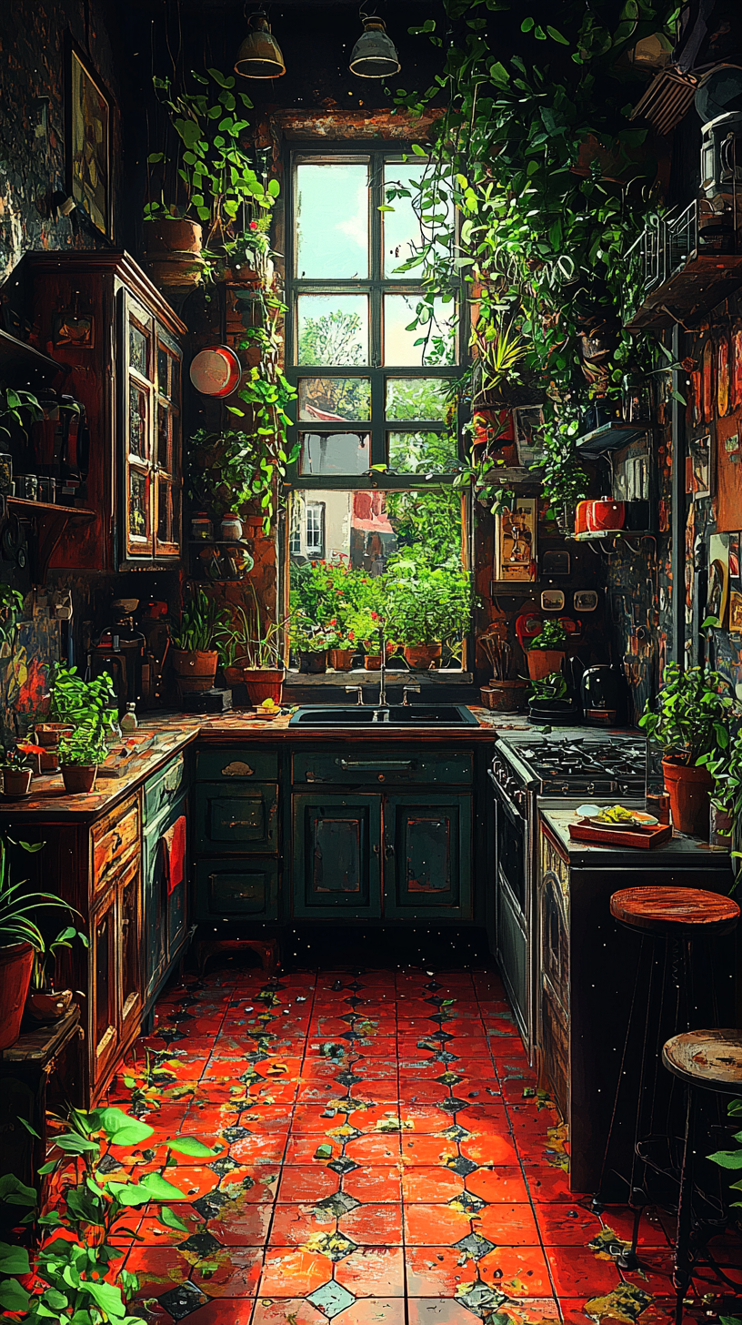 Plants floating in rundown space kitchen - Concept art.