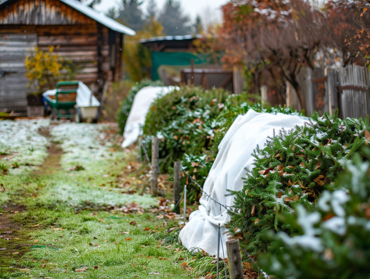 Plants protected with white fleece fabric in garden scene.