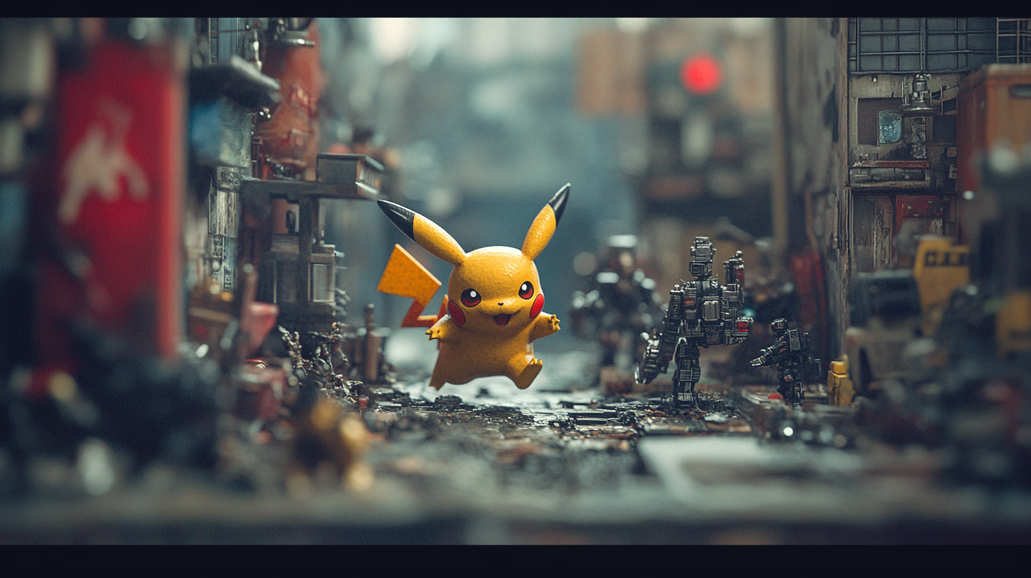 Plastic Pikachu runs from Terminator robots in Tokyo diorama.