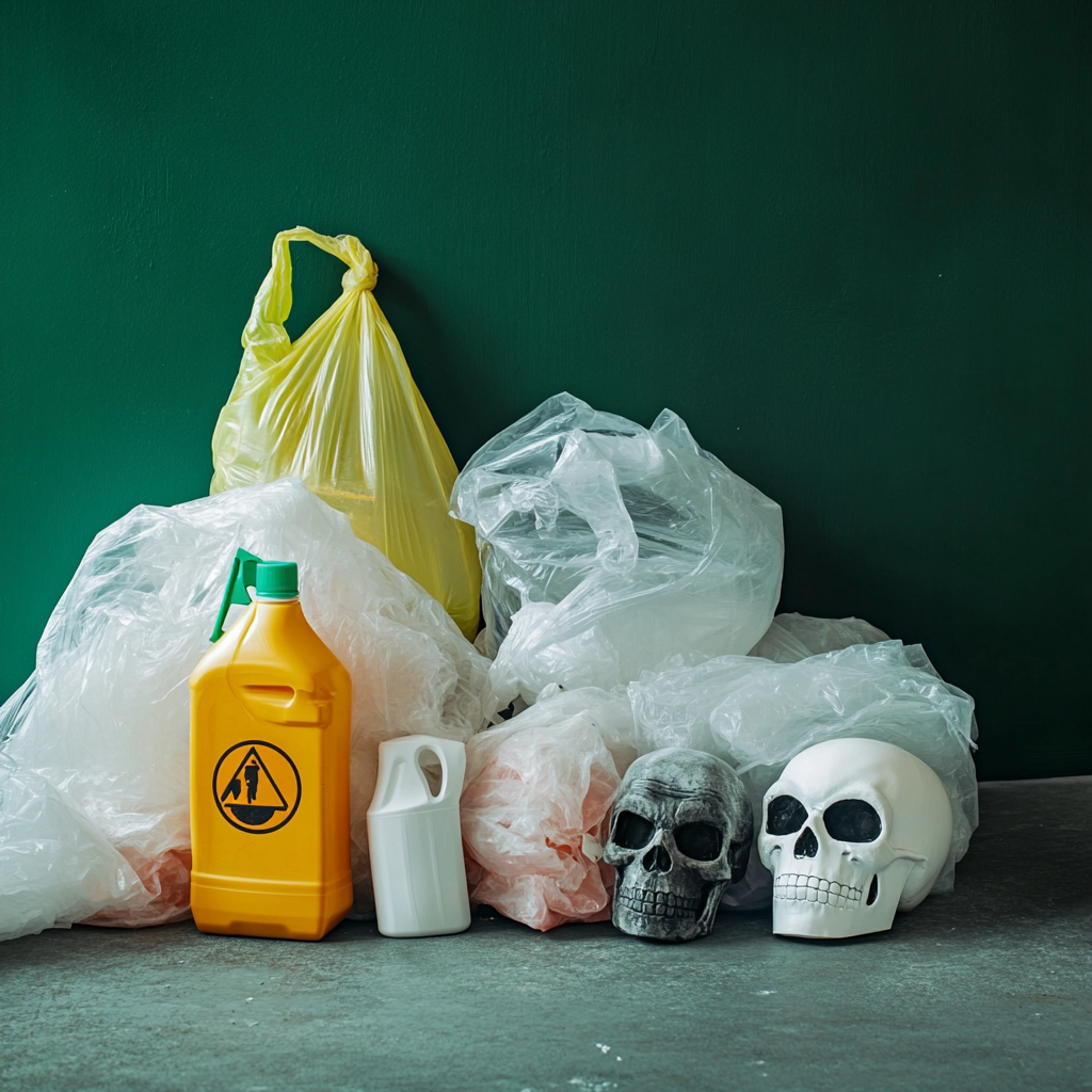 Plastic bags and bottles littered on floor, caution skull.