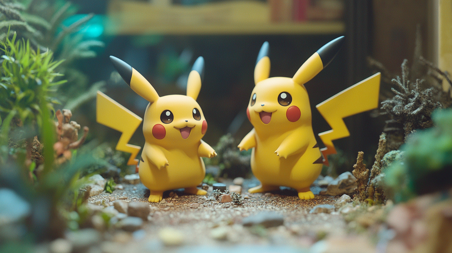 Plastic diorama of alive Pikachu next to android Pikachu.