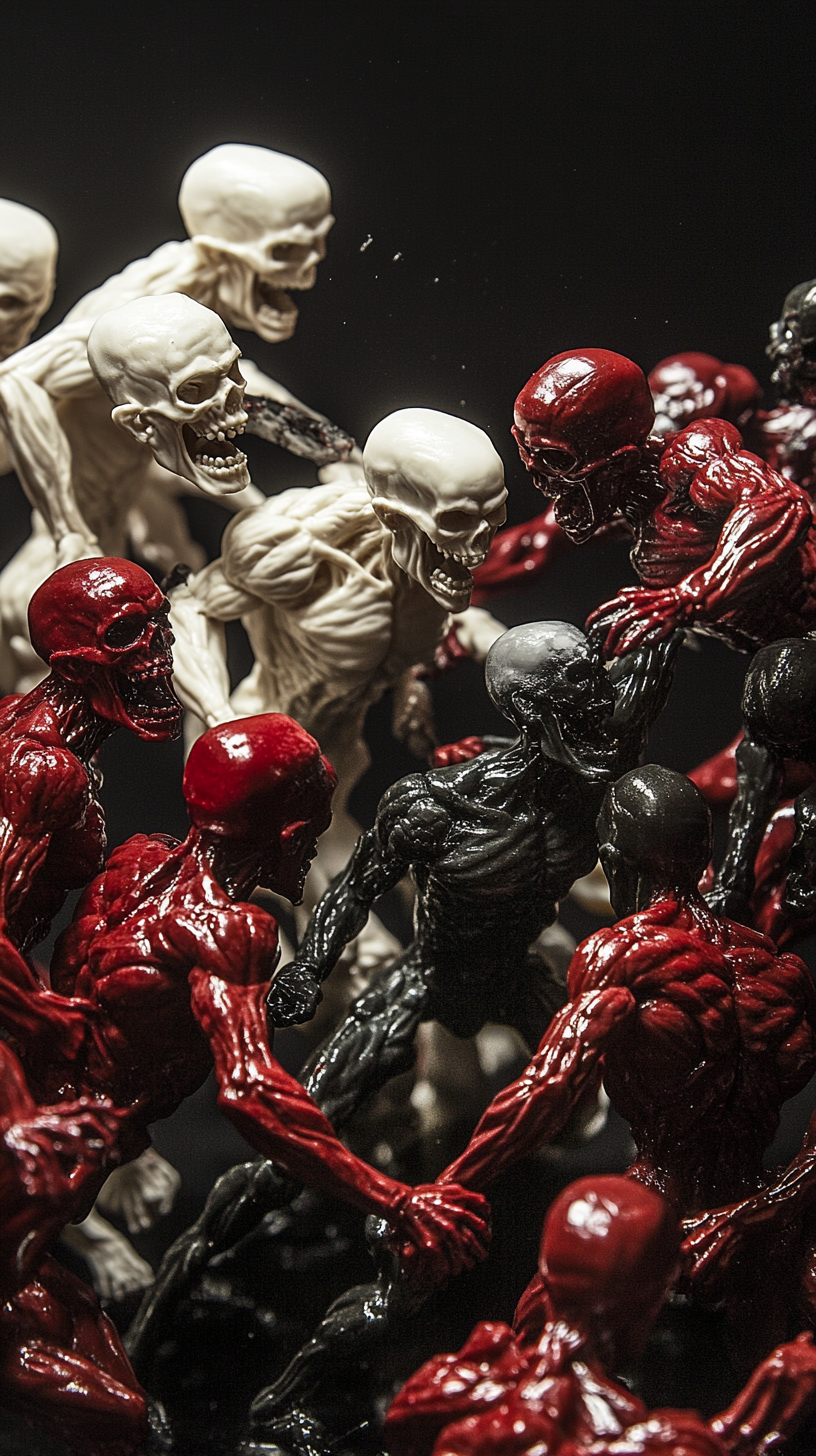 Plastic figures with skull heads battling fiercely in diorama.