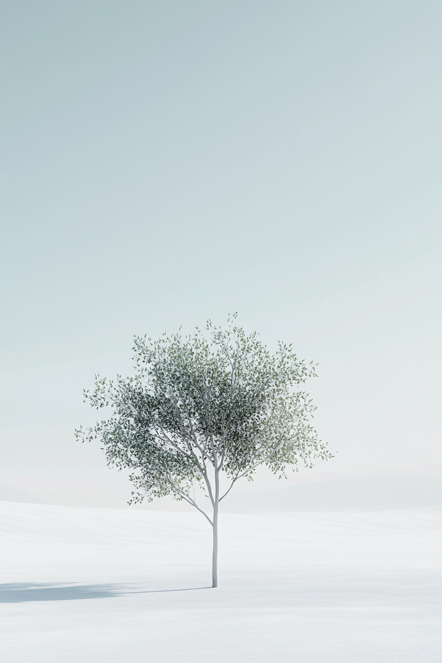 Plastic sapling in empty space, elegant with wavy trunk.