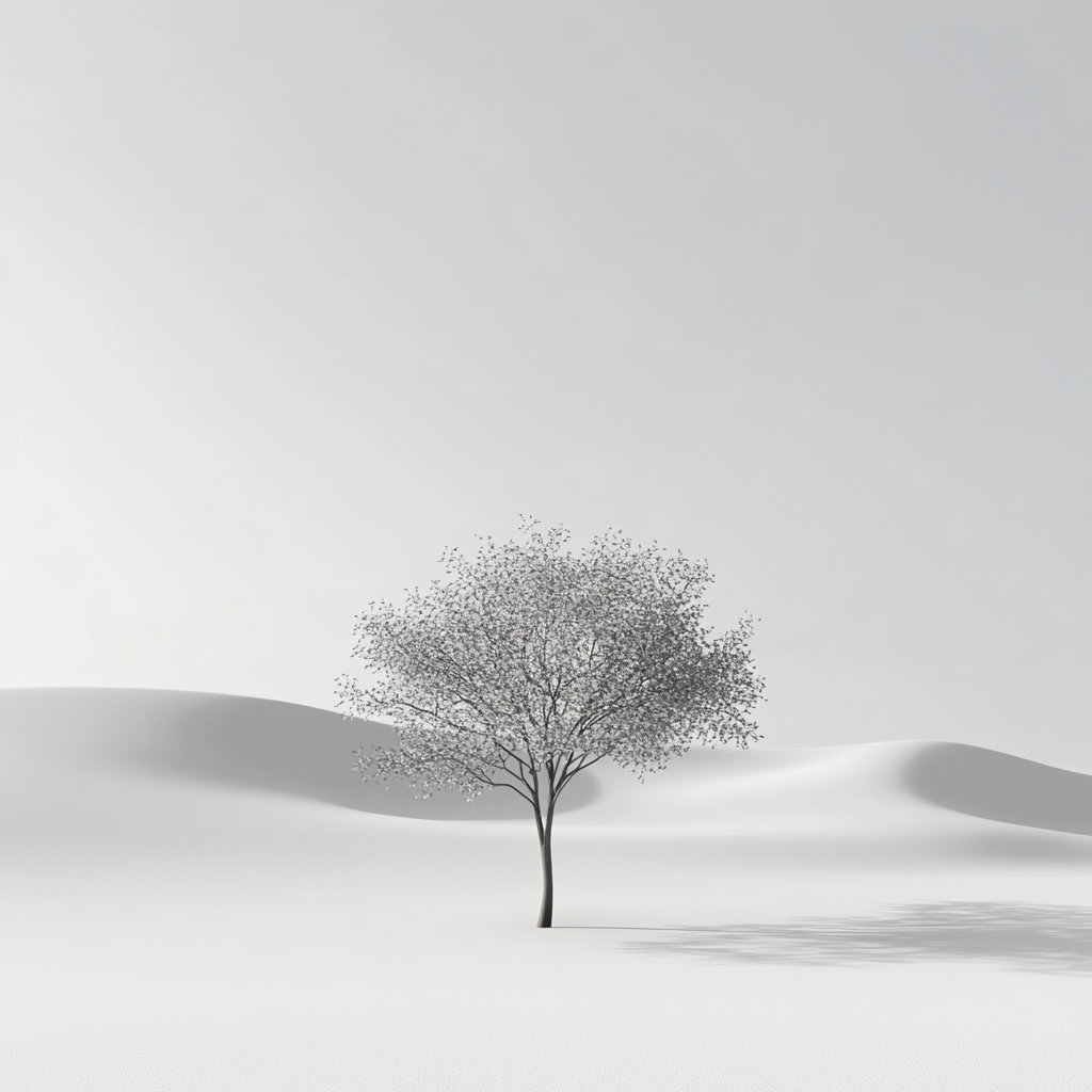 Plastic tree floating in empty white space with lights.