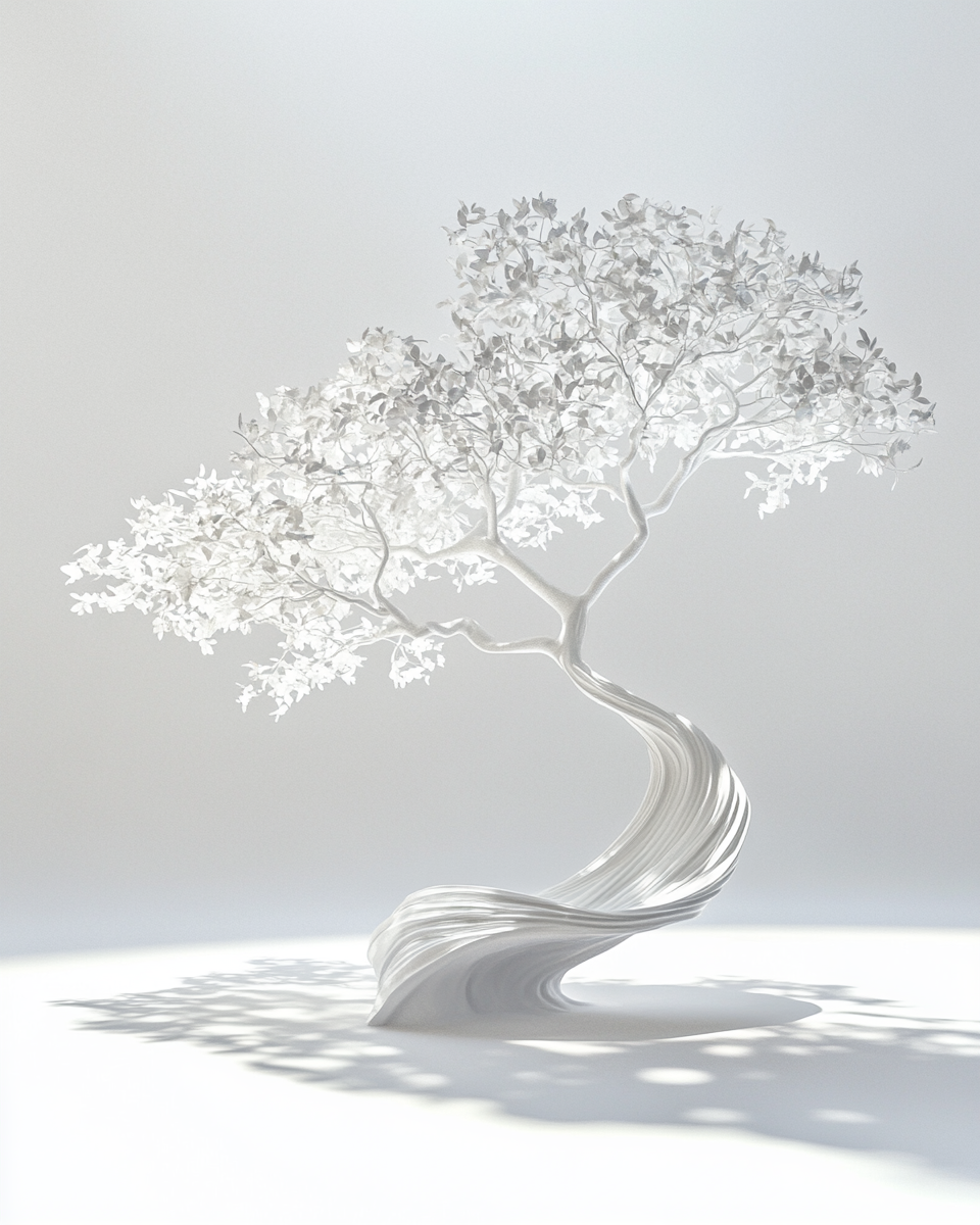 Plastic tree in empty space, white background, elegant design.