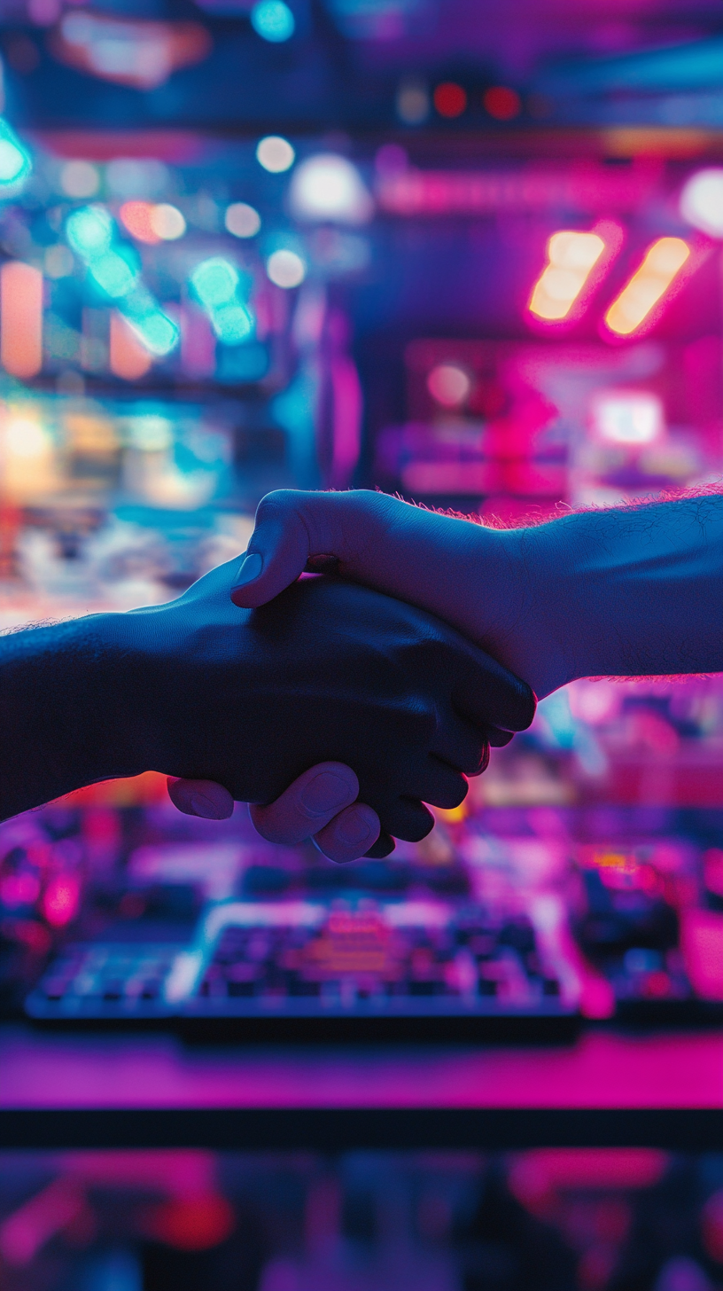 Players shake hands after game with colorful tech