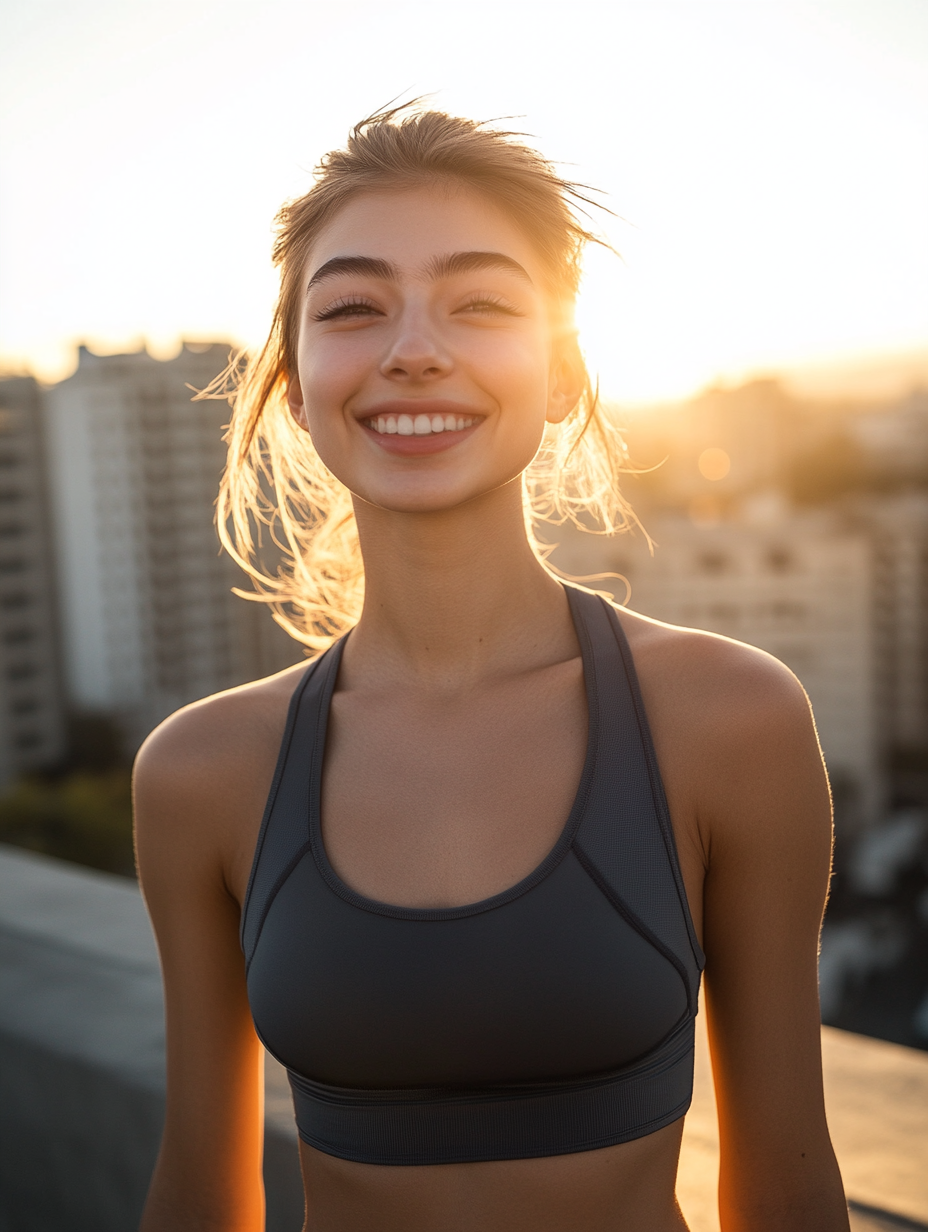 Playful 22-Year-Old Woman in Sporty Outfit Outdoors 