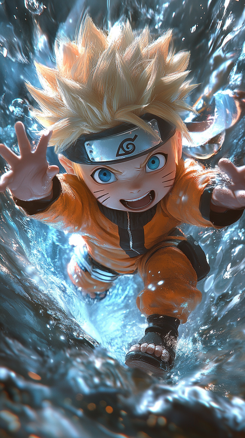 Playful Baby Naruto in energetic battle with chakra trails.