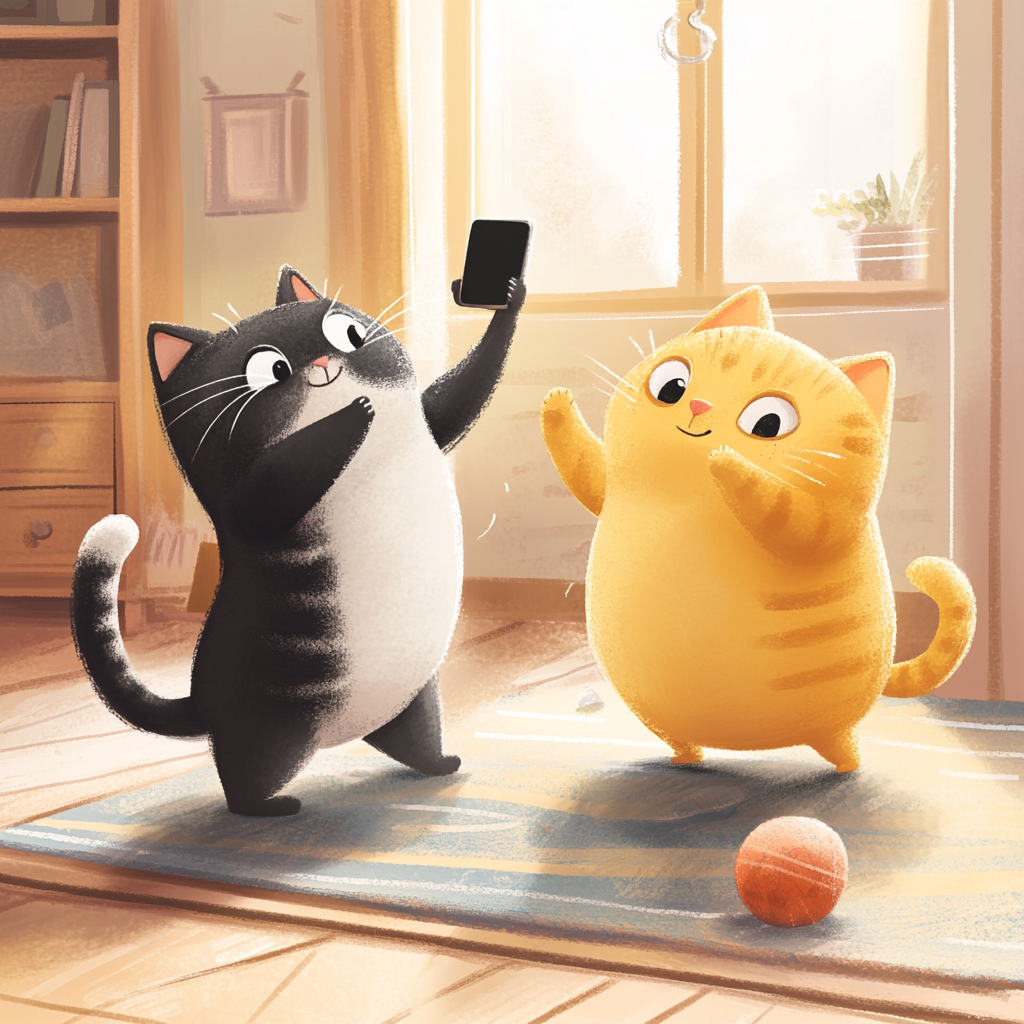 Playful Cats Filming Dance in Cozy Room