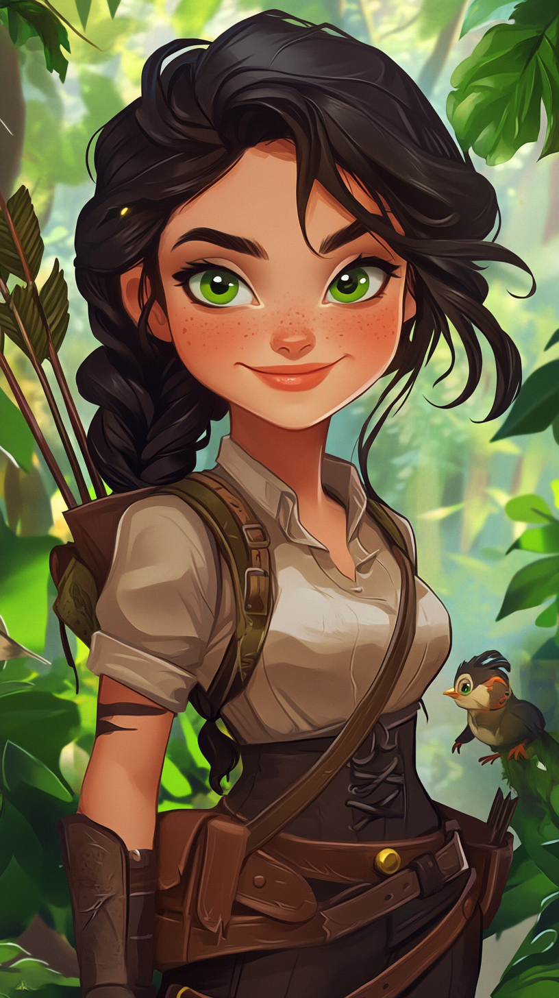 Playful Forest Ranger with wild hair and mischievous green eyes.