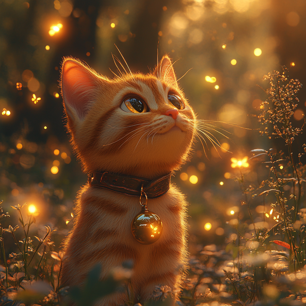 Playful Orange Cat Chasing Fireflies in Misty Forest