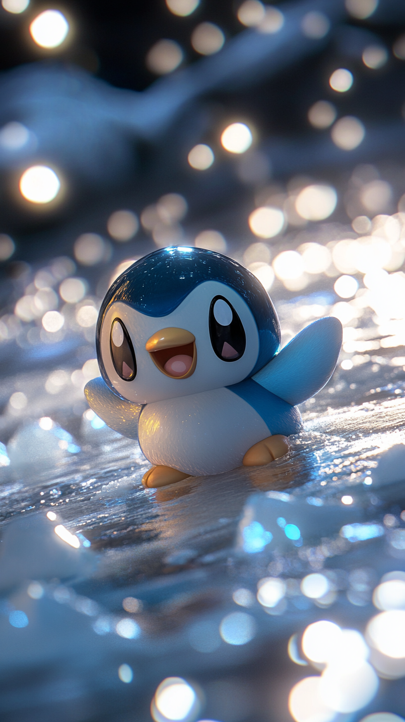 Playful Piplup sliding on ice, joyful and vibrant.