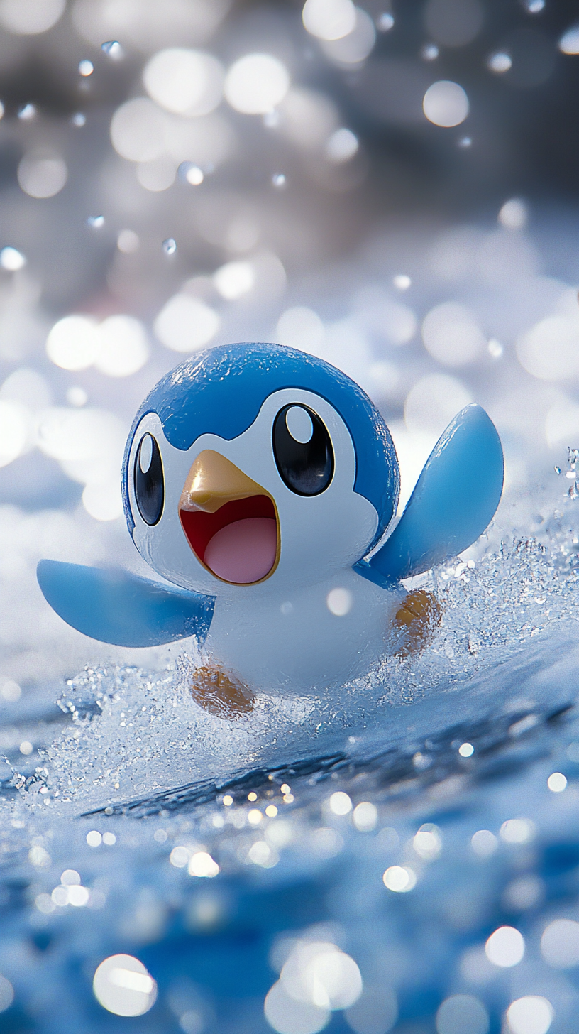 Playful Piplup sliding on shimmering ice with joy.