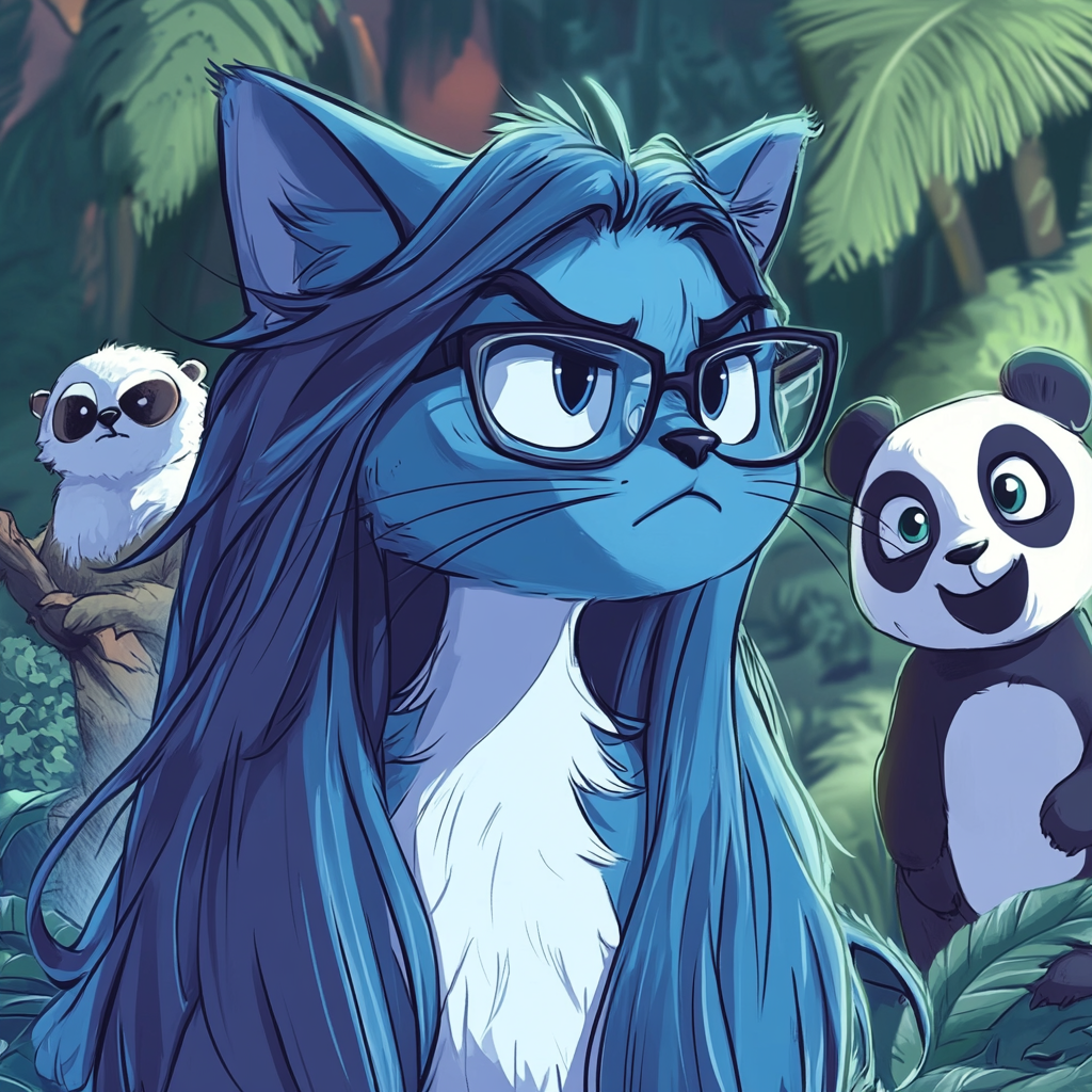 Playful cartoon of blue cat, sloth, panda cub.