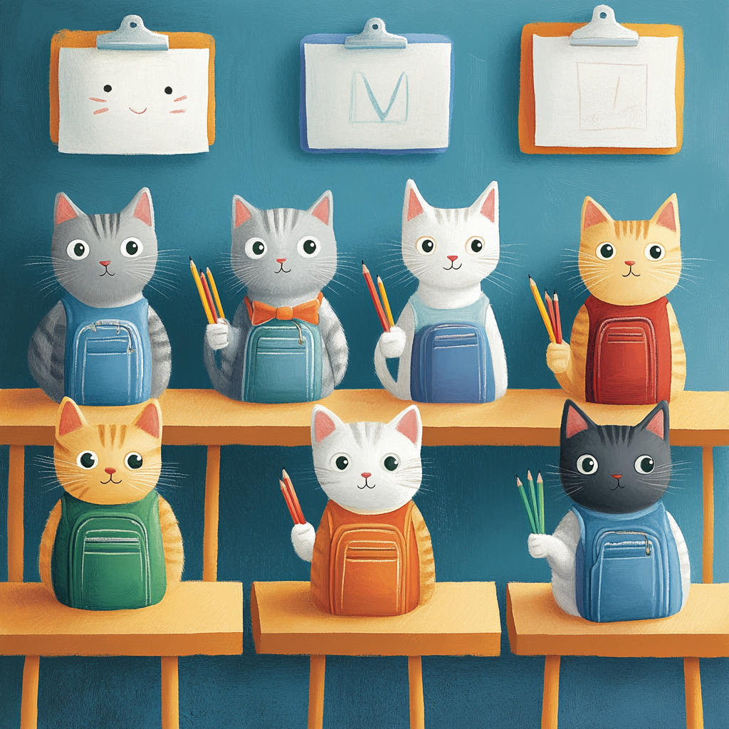 Playful cats in school with backpacks, desks, pencils