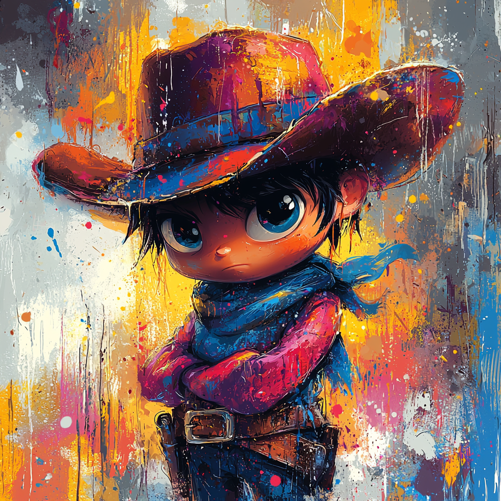 Playful cowboy cartoon with vibrant colors and big eyes