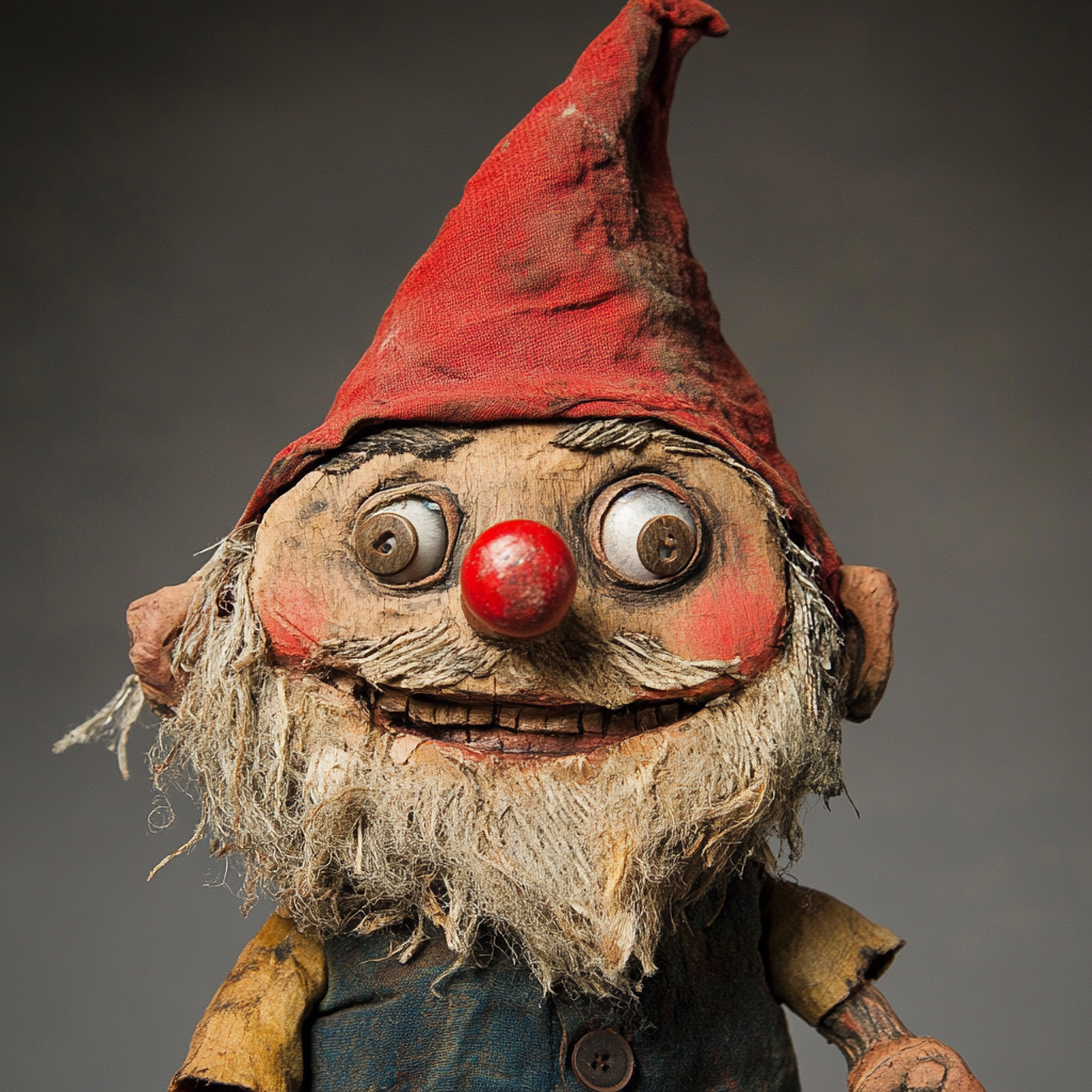 Playful handmade gnome puppet with colorful attire and accessories.