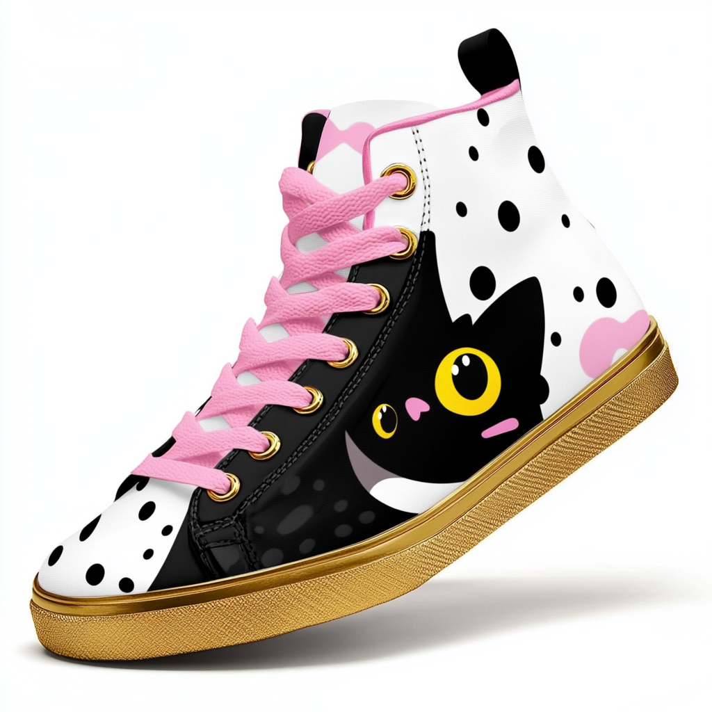 Playful high-top sneakers with cat design, pink laces