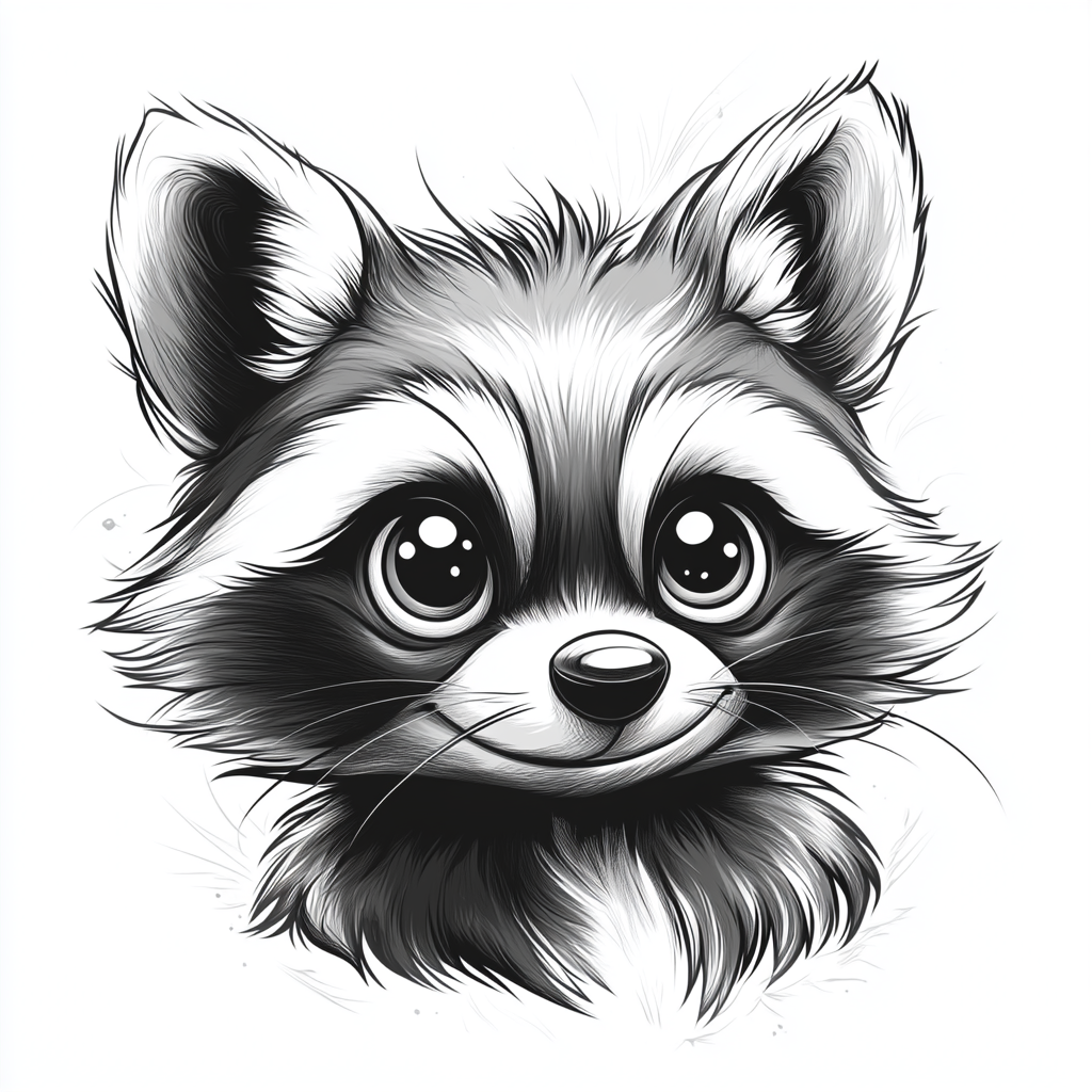 Playful raccoon in black and white line art